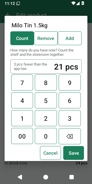 Change stock: Count, with 21 typed while the app has 24