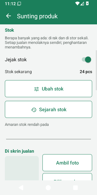 Borang produk dengan stoknya dan butang Ubah stok